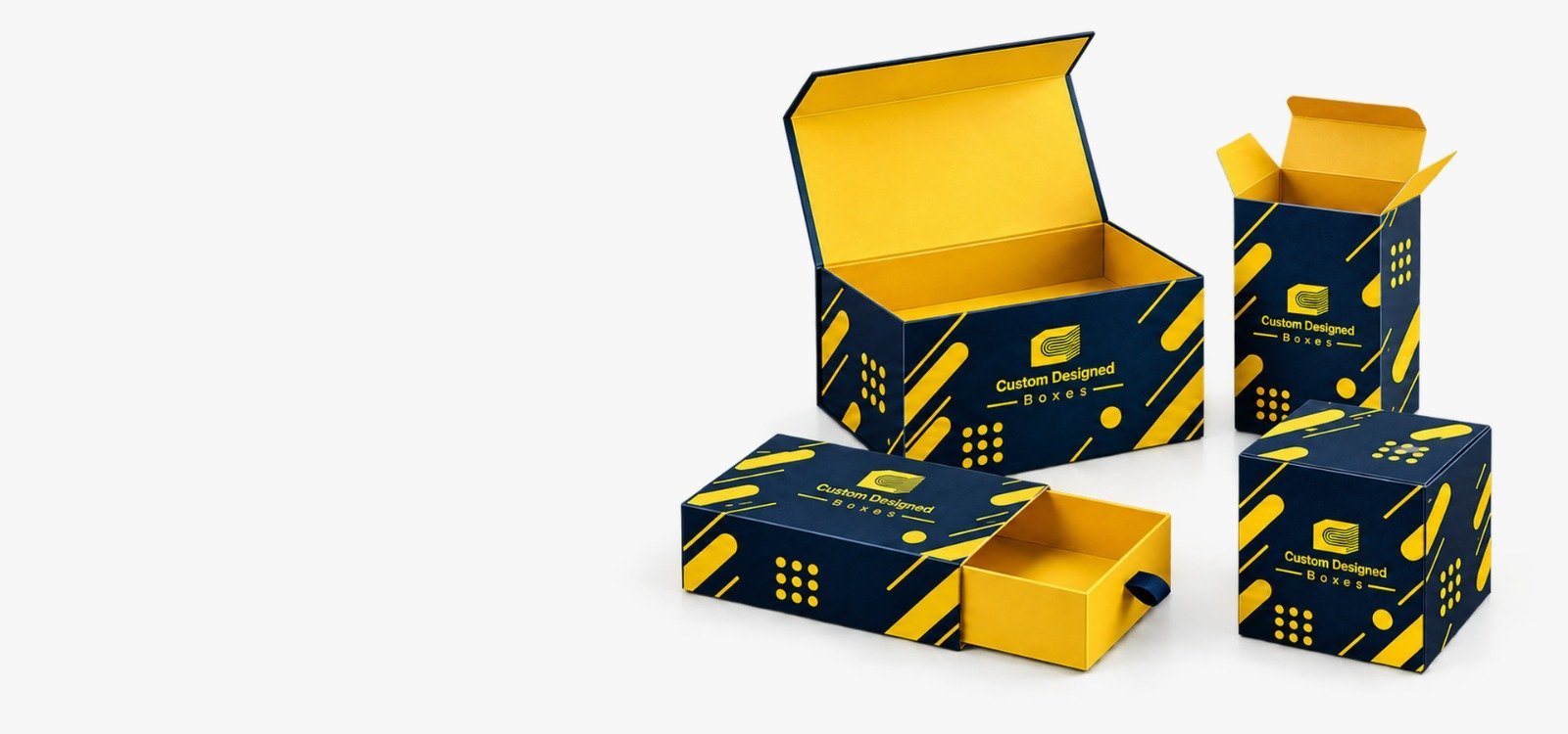 Custom Designed Boxes branded packaging in navy and yellow: an open magnetic rigid box, a sliding drawer box, a tuck end box and a cube box